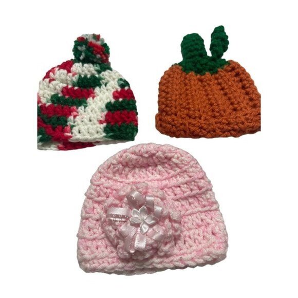 Hand Crochet Babies Beanies Hand Crochet Pumpkin Floral Christmas Tree Lots of 3 - Picture 1 of 6